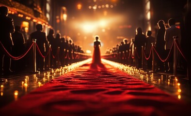 Red carpet rolling out in front of glamorous movie premiere with paparazzi in the background