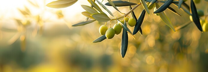 Elegant branch of ripe green olives in sunlight with soft background. Concept of olive harvest, natural produce, Mediterranean agriculture. Banner. Copy space. Mockup for Product Presentation