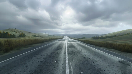 Naklejka premium Long Road Through Vast Landscape with Blue Sky