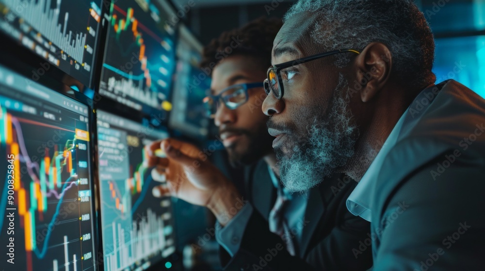 Poster Two men are looking at a computer screen with graphs on it