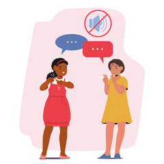 Two Girls Having A Conversation Using Sign Language. One Girl Wears Red Dress, And The Other Is In A Yellow Dress