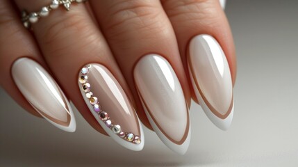 Elegant close-up of a hand with beautifully manicured nails. The nails feature a stunning white design with a touch of glitter and gemstones on one nail. Perfect for beauty and fashion concepts. AI