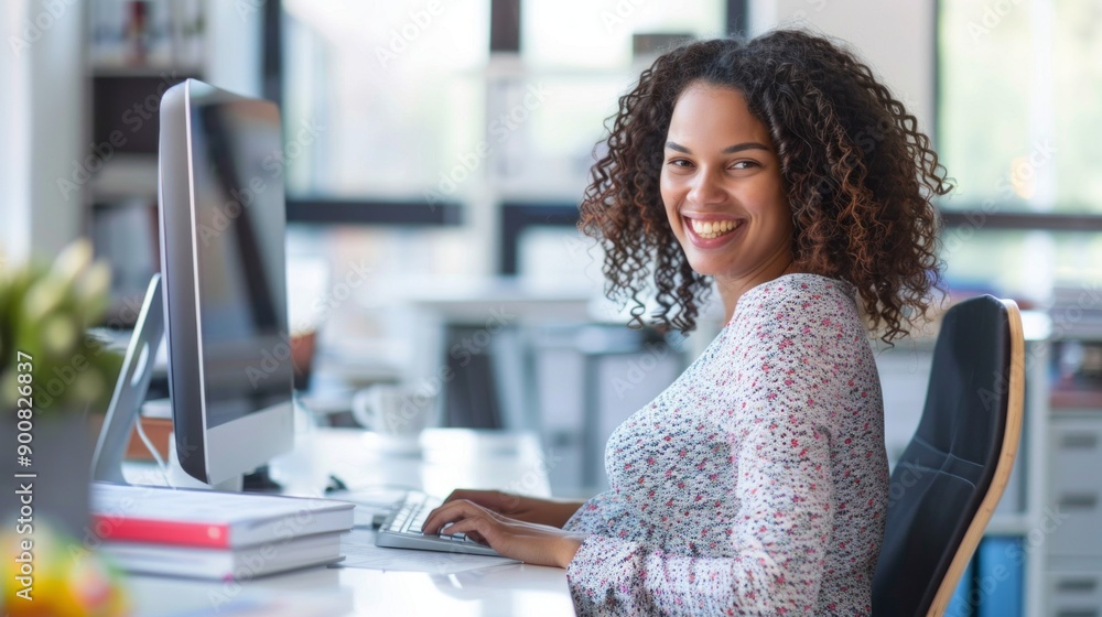 Poster a woman with curly hair is sitting at a desk with a computer and a keyboard