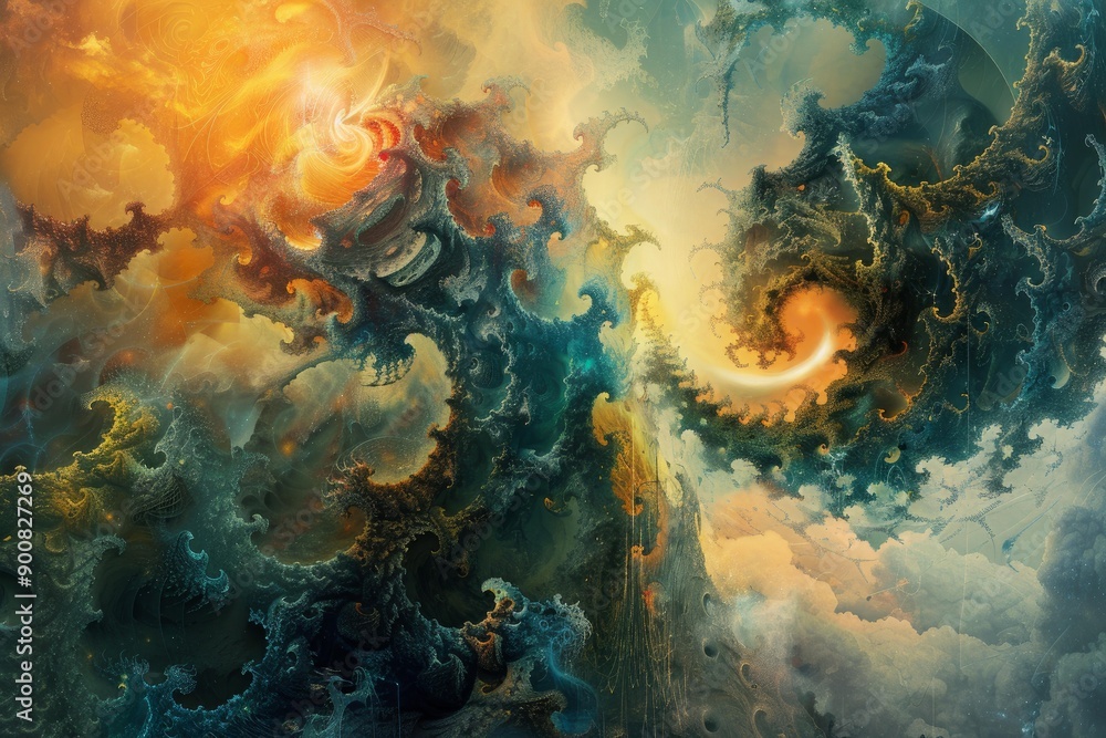 Poster abstract digital artwork with intricate fractal patterns and warm color palette