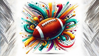 Dynamic Football Art: Vibrant Explosion of Colorful Splashes Surrounding a Classic American Football