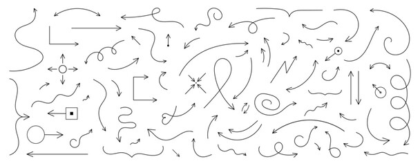 Various arrows, doodle hand-drawn set. Beautiful and different variations of directional, arrow in sketch, doodle, scribble style. Vector graphic box. Isolated black set on white background
