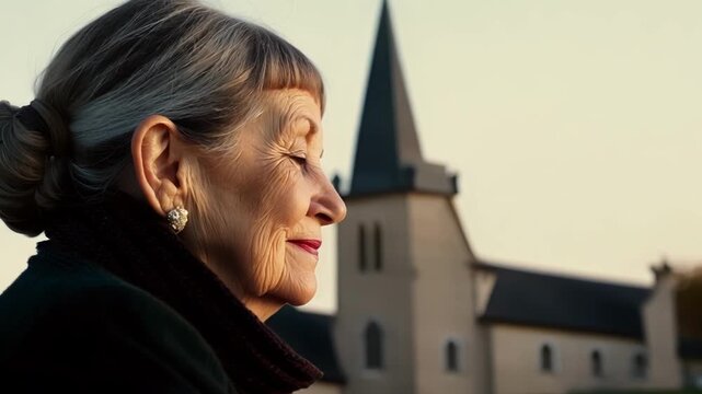 An elderly woman sits on a nearby bench her eyes trained on the historic church in front of her. The peaceful expression on her face reflects a lifetime of memories and experiences