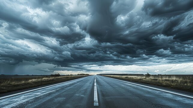 A long, straight highway stretches into the distance under a dramatic, stormy sky with dark clouds forming an ominous atmosphere.