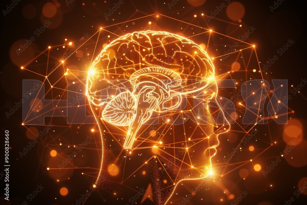 Poster glowing brain with neural connections in a dark background symbolizing cognitive science and technol