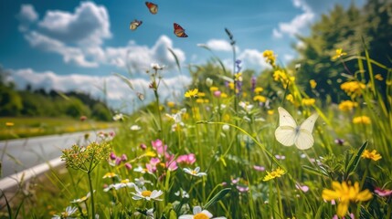 Colorful butterflies flutter over a vibrant, wildflower meadow on a sunny day with blue skies and fluffy clouds.