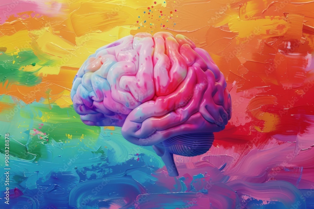 Poster digital illustration of a brain with neural connections in a colorful background symbolizing cogniti