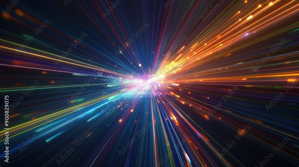 Poster abstract dark background of light with stripes of colorful rays moving from the center