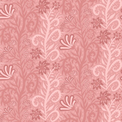 Floral seamless pattern. Pink monochrome branches scribble repeat surface pattern design. Plant continuous ornament. Vector hand drawn illustration