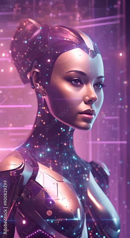 Poster a digital illustration of an ai female avatar with holographic data visualizations in the background