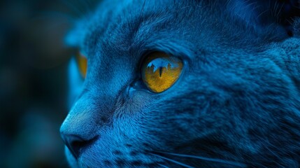 A detailed view of an electric blue cat with bright yellow eyes staring