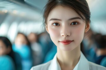 Fototapeta premium Flight attendant serving passengers