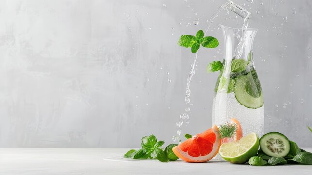 An infused water explosion featuring a carafe filled with water and a blend of fresh herbs