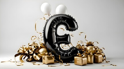 The letter E is made of a black, balloon, many balloons in the background and gifts, party atmosphere
