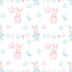 Seamless pattern cute bunnies.Watercolor hand drawn color children's illustration, print with cute bunnies.Kids print.Baby collection.boy or girl,for baby shower.Children’s decorations.