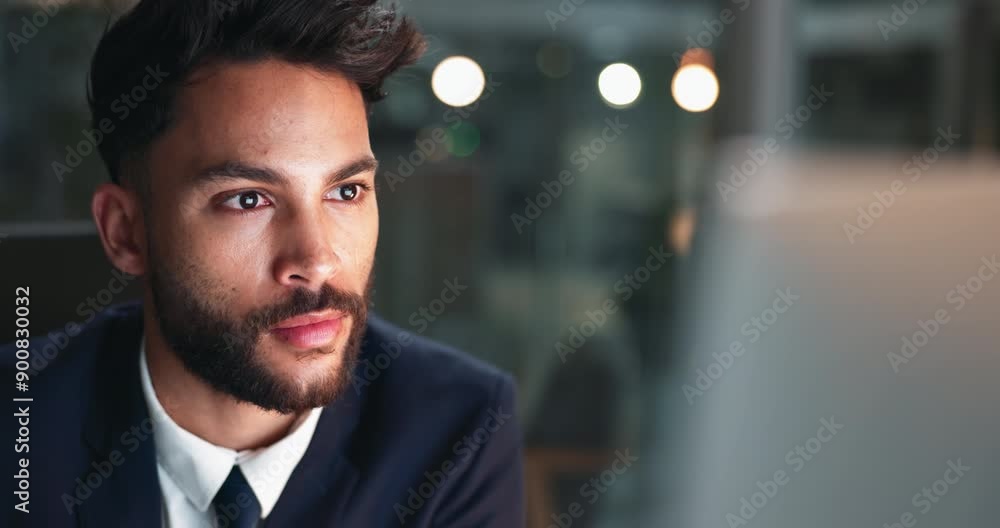 Poster Business man, reading and computer in office for connection, plan and technical skills for problem solving. Night, software developer or digital for network solution, web development or system update