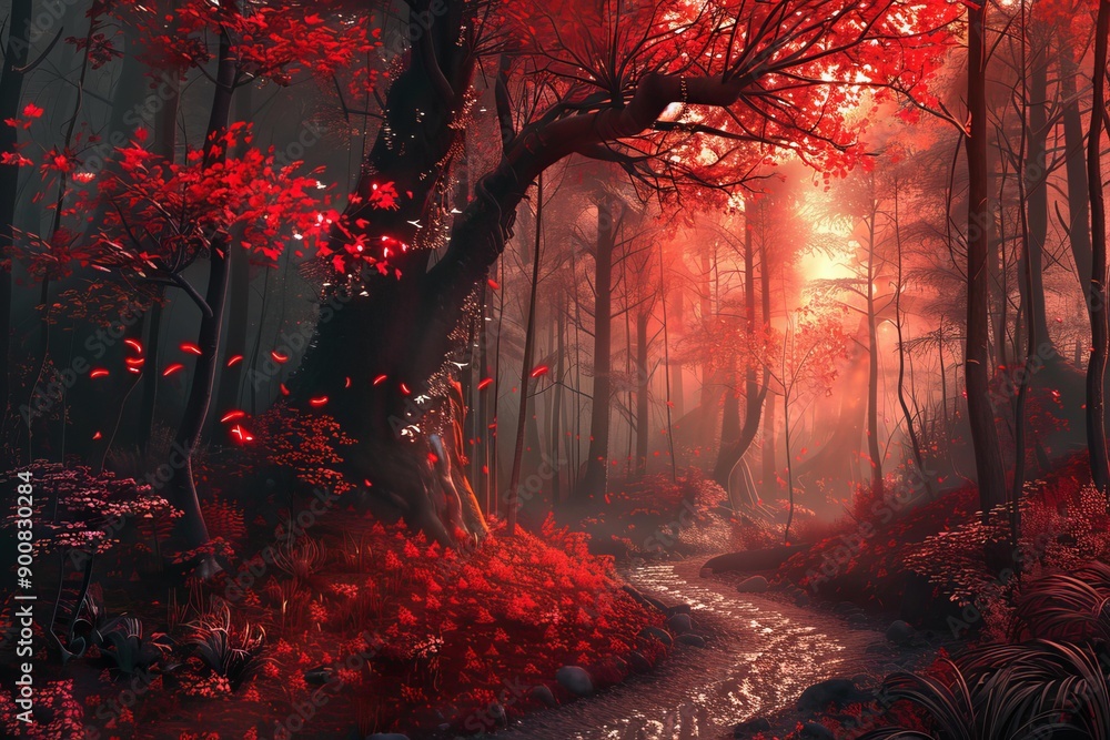 Poster magical scenery of a forest with red foliage and a mysterious glowing path