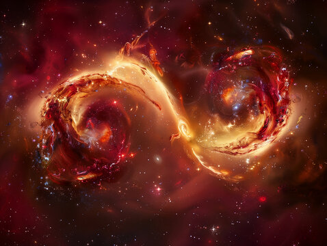 Antennae Galaxies Centered on Burgundy Red Background: Colliding Cosmic Wonders