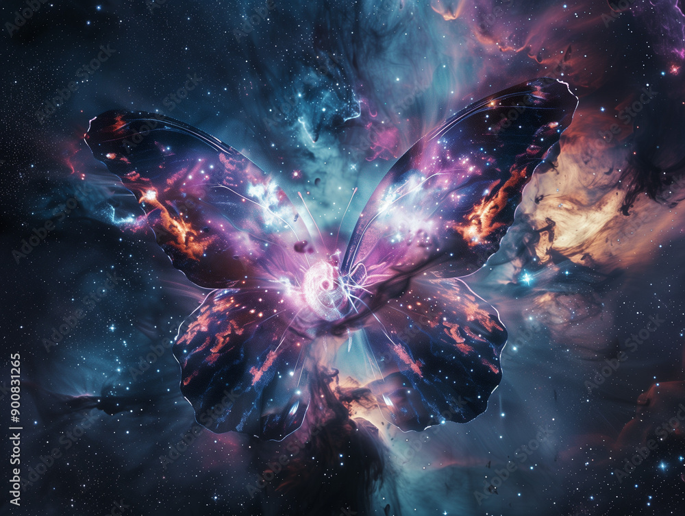 Wall mural butterfly nebula centered on indigo background with meteor trails: a celestial masterpiece