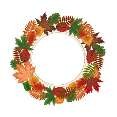 autumn round frame, lots of bright fallen leaves  framed with an empty center. isolated autumn wreath on a white background. colorful vector illustration on an autumn theme