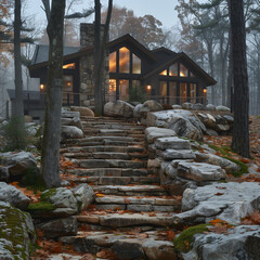 Fototapeta premium Mountain Cabin Entry Via Sturdy Stone Steps: A Stylized Approach to Rustic Charm