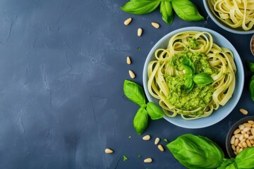 Obraz premium Pesto explosion with a plate of fresh pasta coated in vibrant green basil pesto, pine nuts adding a delightful crunch, Italian classic, banner, with copy space