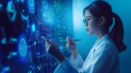A female scientist stands near a large touch screen and analyzes data