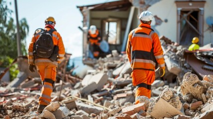 A group of construction workers are walking through a rubble area