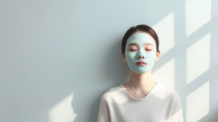 Korean girl applied cosmetic mask on her face, background with space for text