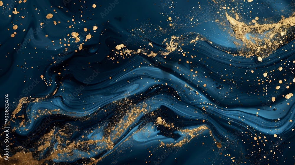 Poster this abstract painting exhibits swirling blue and gold patterns, creating a marble-like appearance w