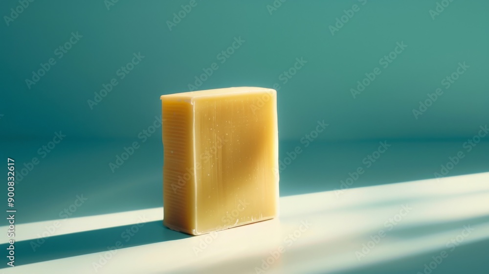 Poster Simple and minimalist photograph of a block of cheese against a vibrant turquoise backdrop, creating a striking contrast and modern visual appeal. Perfect for culinary-themed projects.