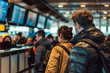Fototapeta premium A busy airport terminal scene with a crowd of travelers, showing blurry information screens in the background, capturing the hustle and energy of travel environments.
