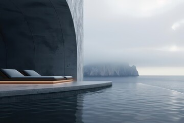 Obraz premium Ultramodern spa hightech modern interior set on a seaside cliff in a supernatural scene with sunlight filtering through