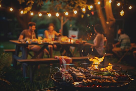 An inviting backyard BBQ party featuring a group of friends sitting at a picnic table, with a grill full of food in the foreground and string lights adding a warm glow.