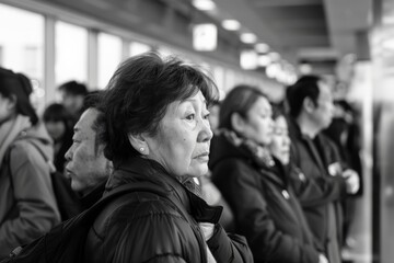 Obraz premium A diverse group of passengers stand in line at the terminal station, embodying the daily grind and transit experiences, captured in classic black and white photograph.