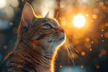  A curious cat gazes up at the sun, its eyes wide with wonder.