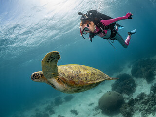 Child scuba diver underwater in the ocean with a sea turtle