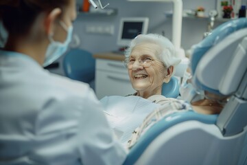 Fototapeta premium Happy Senior Woman in Dental Chair with Smiling Dentist