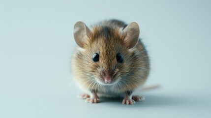 An adorable brown and white mouse with black eyes against a soft blue background, displaying alertness and curiosity, its small build conveying a sense of frailty and charm.