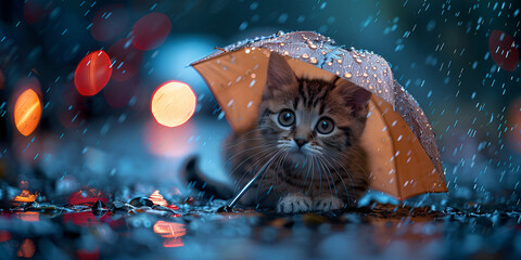  A cat sitting comfortably beneath a colorful umbrella, sheltered from the rain, exuding a sense of calm and contentment.