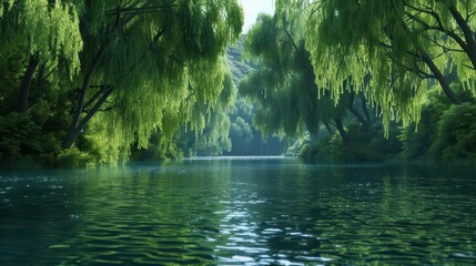 Fototapeta premium Willow trees by a tranquil futuristic river