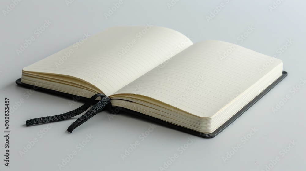 Poster an open notebook with lined pages, featuring a black ribbon bookmark, resting on a clean, white back
