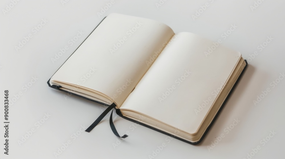 Poster an open notebook showcasing blank pages, lying on a white surface with a black ribbon bookmark, symb