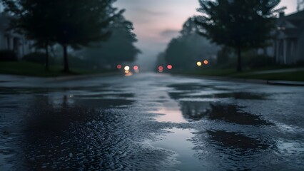 Fototapeta premium Moody Rainy Evening Street with Reflections, Rainy Evening Street Scene With Reflections of Lights on the Wet Pavement and Soft Bokeh in the Background.