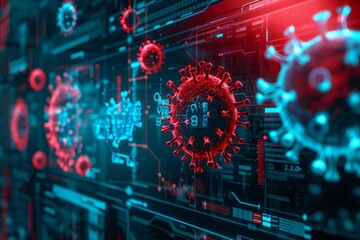 Fototapeta premium Advanced hightech graphics that prominently showcase intricate virus structures along with data analysis tools