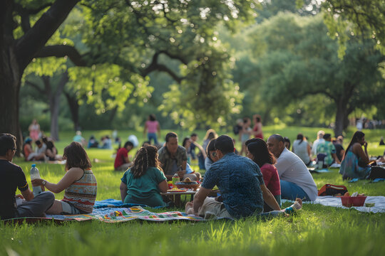 Diverse Community Enjoying a Picnic in a Park During a Local Festival with Families and Friends under Trees on a Sunny Day